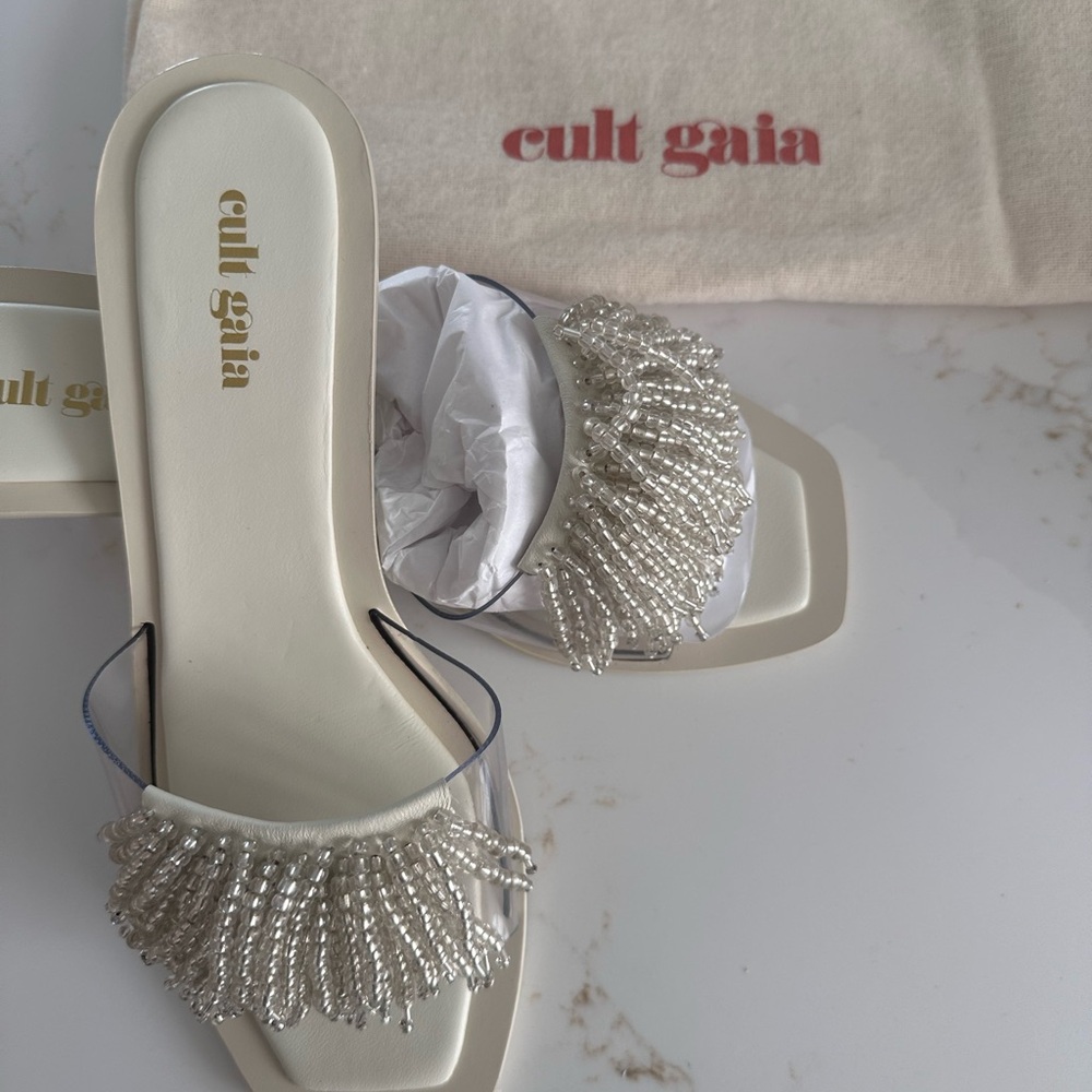 BRAND NEW Cult Gaia Uma Sandal FRINGE EMBELLISHED BEAD CLEAR WEDDING SLIDE